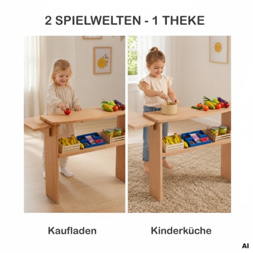 Spieltheke für Spielständer PAULA multifunktional als Kaufladen oder Kinderküche nutzbar – zwei Spielwelten in einer Theke
