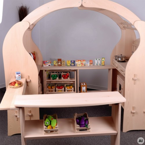 Spieltheke für Spielständer PAULA kombiniert mit großem Spielständer zu einer vielseitigen Spielwelt für Kinder