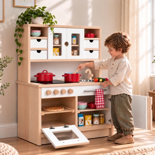 Spielküche weiß - Junge kocht begeistert an der Holz Kinderküche HÄNSEL aus Buchenholz im hellen Kinderzimmer.