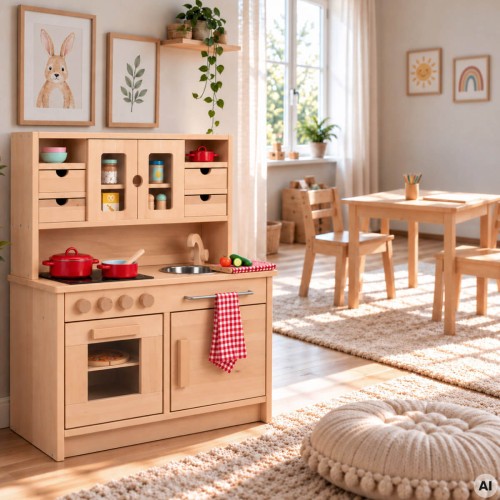 Kita Kinderküche Hänsel - Holz Kinderküche HÄNSEL aus Buchenholz harmonisch in einen hellen skandinavischen Wohn- und Spielbereich integriert.