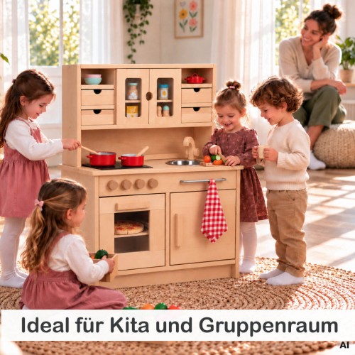 Kita Kinderküche HänselMehrere Kinder spielen gemeinsam an der Holz Kinderküche HÄNSEL im Gruppenraum und entdecken fantasievolle Rollenspiele.