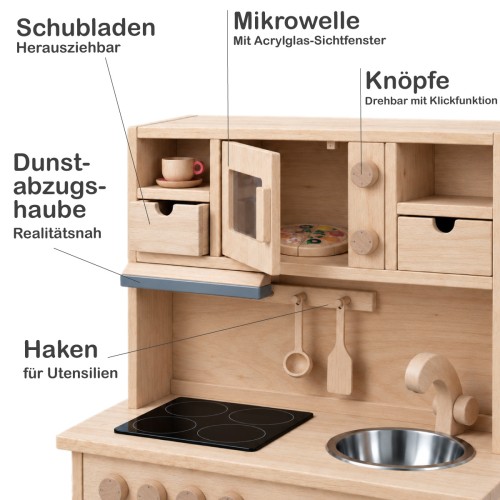 GRETEL Küchenaufsatz mit Mikrowelle, herausziehbaren Schubladen, Drehknöpfen, Dunstabzugshaube und Haken für Utensilien.