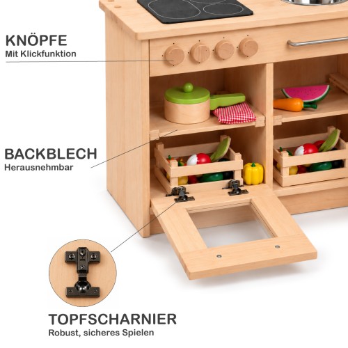 Geöffneter Backofen der Holz Kinderküche mit Acrylglas-Sichtfenster und herausnehmbarem Backblech aus Holz.