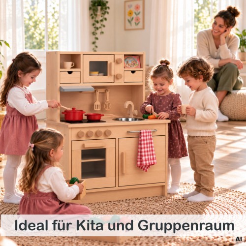 Mehrere Kinder spielen gemeinsam an der Holz Kinderküche GRETEL im hellen Kita-Gruppenraum und entdecken das Kochen.