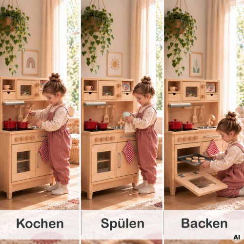 Drei Spielszenen an der Holz Kinderküche GRETEL zeigen Kinder beim Kochen, Spülen und Backen im Kinderzimmer.