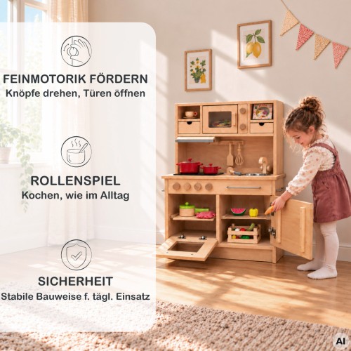 Holz Kinderküche GRETEL unterstützt Feinmotorik, Rollenspiel und selbstständiges Entdecken beim Kochen und Spielen.