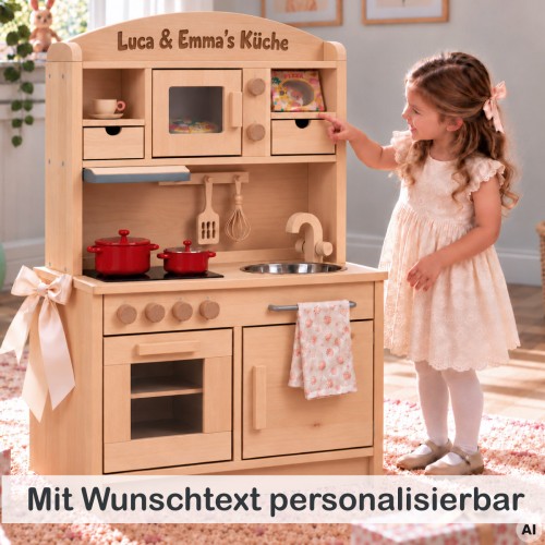 Mädchen freut sich über die personalisierte Holz Kinderküche GRETEL mit Namensgravur als Geburtstagsgeschenk.