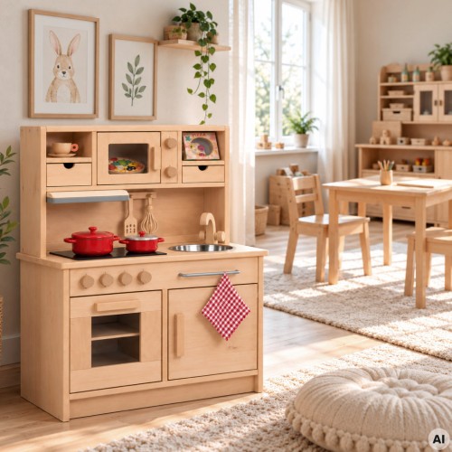Holz Kinderküche GRETEL aus massiver Buche natur im hellen skandinavischen Kinderzimmer mit Holzmöbeln und Pflanzen.