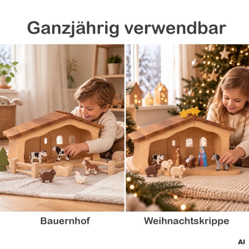 Große Holz-Weihnachtskrippe im Waldorf-Stil, ganzjährig als Bauernhof oder zur Weihnachtszeit als Krippe verwendbar.