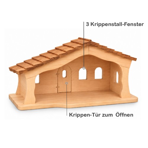 Große Weihnachtskrippe aus Naturholz mit Schindeldach, drei Krippenstall-Fenstern und Tür zum Öffnen im Waldorf-Design.