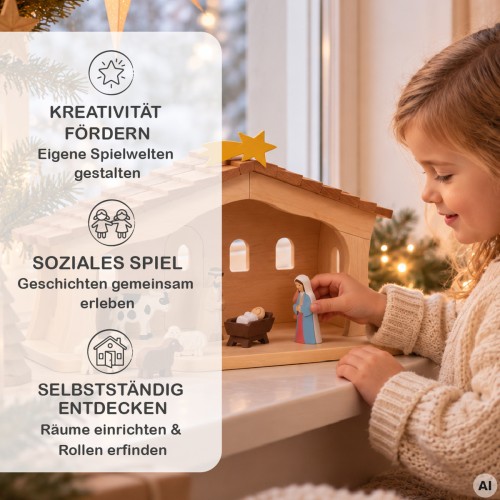 Kind spielt mit einer großen Weihnachtskrippe aus Naturholz im Waldorf-Stil, mit Dachschindeln und Holzfiguren.