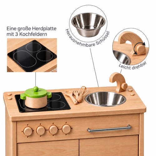 Holz Kinderküche mit Herdplatte, Edelstahlspüle, drehbarer Holzarmatur und herausnehmbarem Spülbecken