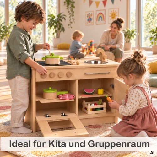 Kinder spielen gemeinsam an Holz Kinderküche in der Kita – ideal für Rollenspiel, Zusammenarbeit und Gruppenräume