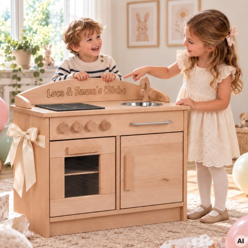Personalisierte Holz Kinderküche mit Namensgravur Luca & Emma – besonderes Geschenk für gemeinsames Rollenspiel