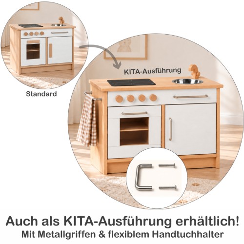 Holz Kinderküche Weiß-Natur auch als KITA-Ausführung mit Metallgriffen und flexiblem Handtuchhalter erhältlich