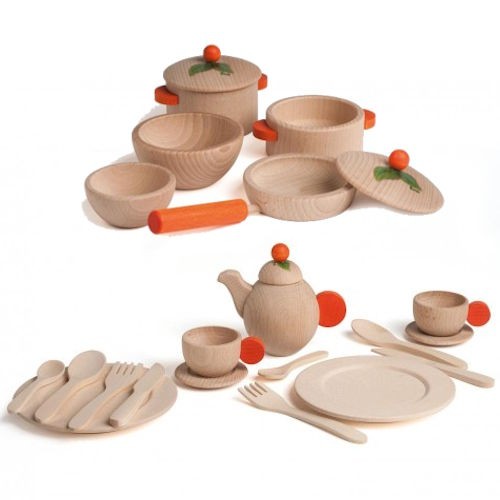 23-teiliges Koch- & Geschirrset aus Holz für die Kinderküche