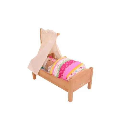 Naturholz-Buche-Puppenbett-stabile-Ausführung-ursprüngliches-spielen-Betthimmel-Himmelstange-Puppenbettwäsche-Puppe-Rollenspiel-Kusscheltiere-hochwertig, nachhaltig