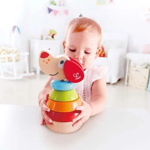 Bio-Babyspielzeug – Feinmotorik fördern – pädagogisches Spielzeug – Waldorf geeignet – tapelhund aus Holz / 6-teilige Pyramide / bunter Beleduch-Stapelturm