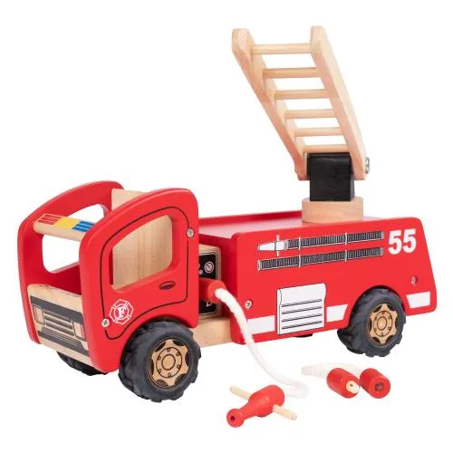 Rot Holz Feuerwehrauto Pintoy mit blaulicht ökologisches Holz-Spielzeug – Bio-Holzspielzeug – Naturholz-Spielzeug