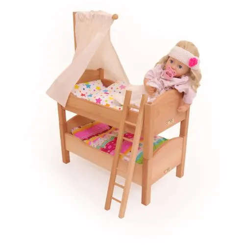 Puppen-Etagenbett-viele-Spielmöglichkeiten-Betthimmel-Himmelstange-Leiter-Stiege-Puppenbettwäsche-Rollenspiele-langlebiges-Spielzeug-robuste-Ausführung-vielseitige Verwendung-auch für Kuscheltiere