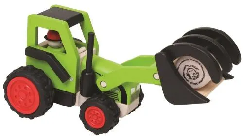 Grüner Spielzeugtraktor mit beladenem Frontlader.