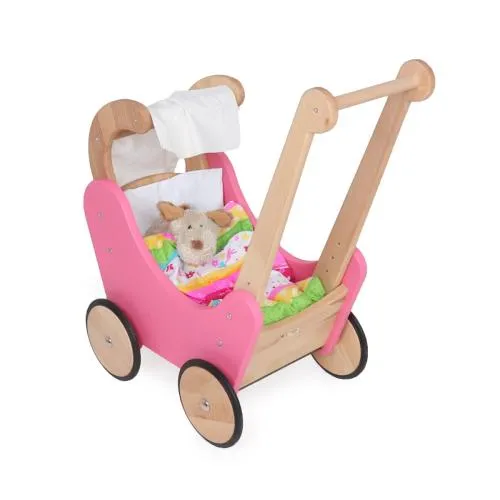 Puppenwagen pink aus Holz | Lauflernwagen | Ökölogisches-Bio-Puppen-Spielzeug