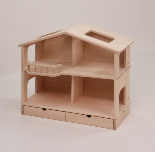Komplettes Holz Puppenhaus mit geschlossenem Schubladen-Unterbau zur Erhöhung