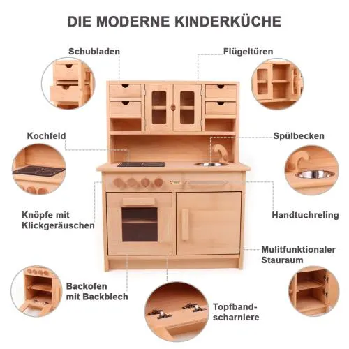 KITA Kinderküche "Hänsel" Klapptüren aus Buche Massivholz | Kindergarten Spielküche
