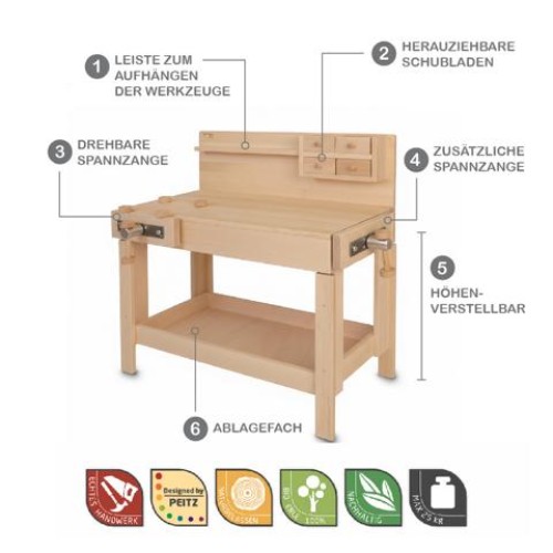 Preview: Kinderwerkbank MANNY mit 2x Schraubstock & Rückwand aus Massivholz 4015 Preview: Kinderwerkbank mit zwei Schraubstöcken Manny Features