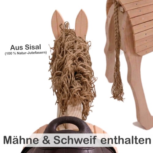 Holzesel PEDRO mit Sisalmähne und Schweif aus Naturfasern für authentisches Rollenspiel.