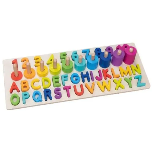 Montessori Steckpuzzle Set 91-teilig mit Buchstaben, Zahlen und Ringe aus Holz - Lernspielzeug ab 1 Jahr