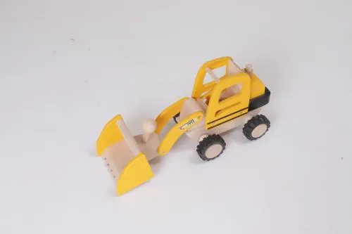 Holz-Schaufelbagger mit gummierten Reifen, Frontlader und Baustellen-Bemalung in gelb.