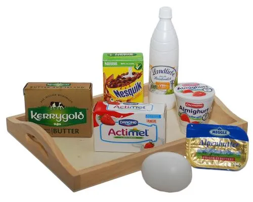 Kinderspielzeug Molkerei-Set Tanner Milch Eier Joghurt Brot – als nützliches Spielküchenzubehör oder für den Kaufladen als Kaufladenzubehör