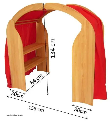 Kinder-Spielständer/Räuberhöhle aus Buchenholz mit Dachbogen und rotem Spieltuch.