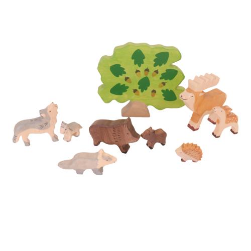 Holztiger - Wald-Tiere-Set | 9-teilig Holzfiguren | Hirsch, Wildschwein, Igel, Wolf, Eiche