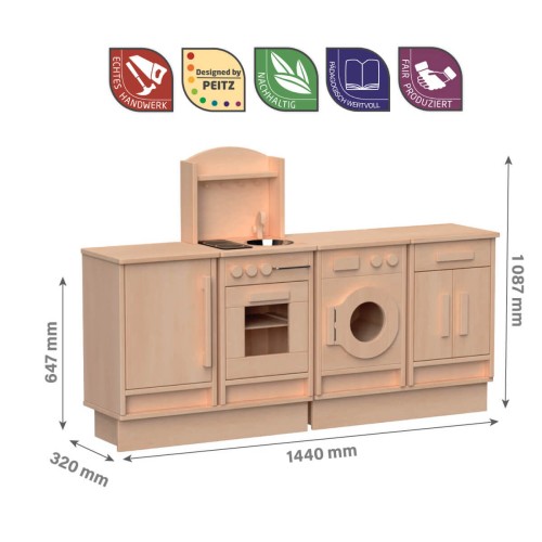Preview: Kinder Küchenzeile mit Podest, Spielküche, Waschmaschine & Kühlschrank aus Buchenholz für Kita Preview: Spielküche mit Podest aus Buchenholz für Kita