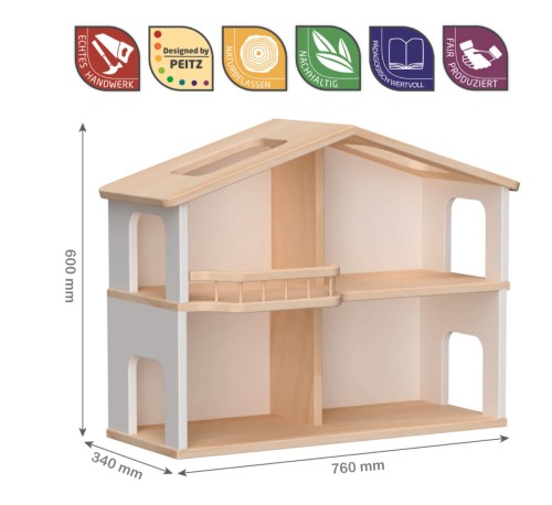 Preview: Puppenhaus LOTTI weiß mit 2-Etagen, Balkon & bespielbare Fenster aus Natur Buche Massivholz skandinavisch | 1:12 Preview: Puppenhaus 2 stöckig weiß Abmessungen