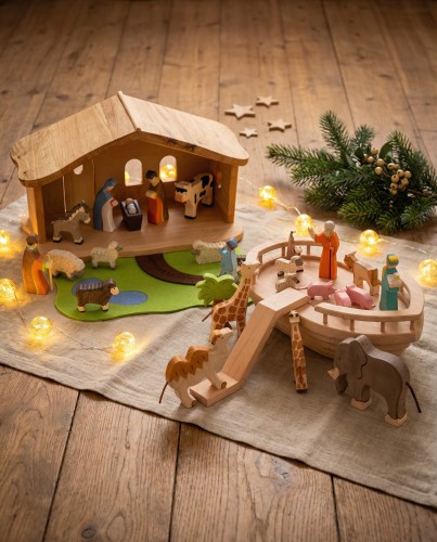 Preview: Kinderkrippe und Arche Noah - Christliche Holzspielzeuge zu Weihnachten
