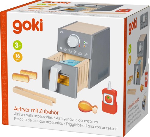Goki Airfryer aus grauem Holz mit Lebensmitteln