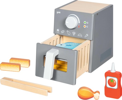 Spielzeug Airfryer aus Holz mit Lebensmitteln
