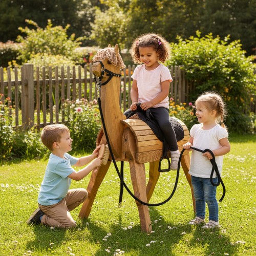 Kinder spielen mit großem Holz Alpaka Lama DIEGO im Garten – reiten, füttern und pflegen auf Blumenwiese, fördert Verantwortung und Naturverbundenheit Kinder spielen mit großem Holz Alpaka Lama DIEGO im Garten – reiten, füttern und pflegen auf Blumenwiese, fördert Verantwortung und Naturverbundenheit