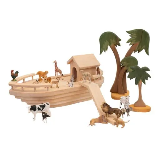 Kinder-Arche Massivholz mit Noah'S Hütte, Kajüte, Rampe und Holz-Tieren zum spielen, Holz-Palmen