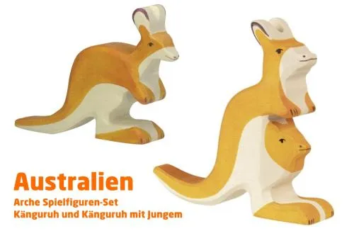 Arche Spielfiguren | Australien 1 Tier-Paket | Känguruh und Känguru mit Jungem | Holztiger Spielfigur