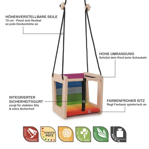 Babyschaukel mit Sicherheitsgurt, verstellbaren Seilen und farbigem Sitz