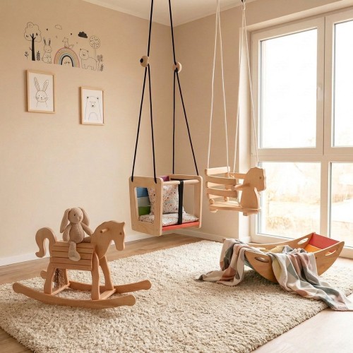 Babyschaukel im Kinderzimmer kombiniert mit Schaukelpferd und Babywippe aus Holz