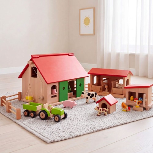 Holz Bauernhof im Kinderzimmer integriert – komplette Spielwelt mit Zubehör und Tieren