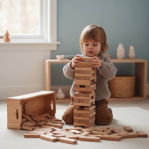 Preview: Kind stapelt gleich dicke Holzbauklötze zu einer Pyramide – ruhiges, lernorientiertes Spielen für Kinder ab 1 Jahr