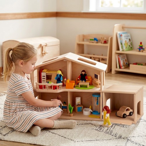 Kind spielt mit Puppenhaus Garage aus massivem, naturbelassenem Holz mit Auffahrtsrampe.