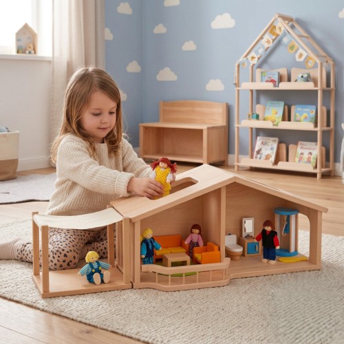 Komplettes Holz Puppenhaus ANNA LOTTI ELSA erweitert mit der Wintergarten Terrasse und Stoffdach