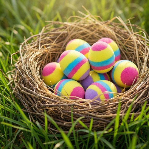 Bunte Holz-Ostereier im Nest im grünen Gras – nachhaltige Osterdeko für Kinder